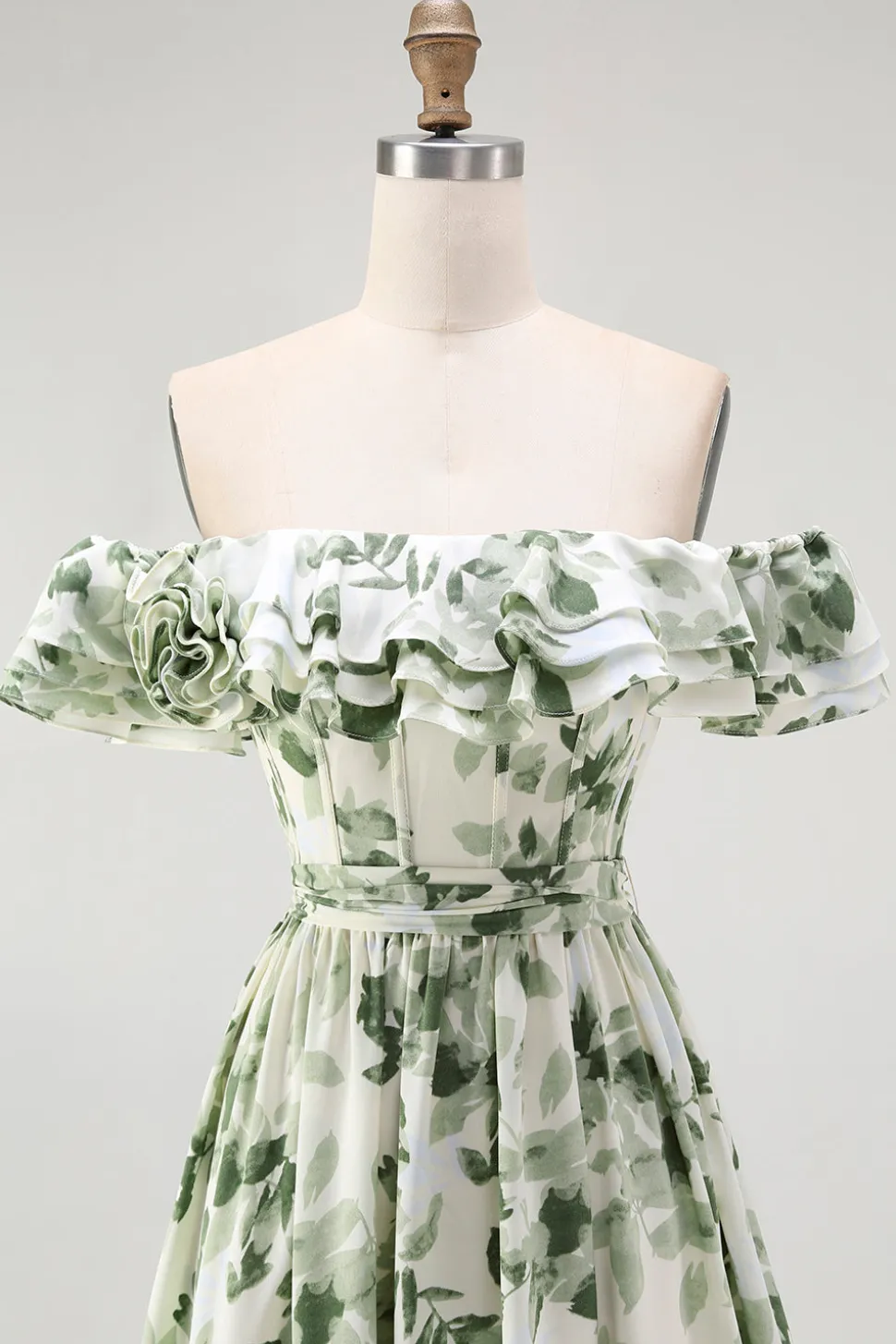 Verde Floral Uma linha fora do ombro babado vestido de dama de honra