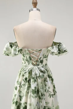Verde Floral Uma linha fora do ombro babado vestido de dama de honra