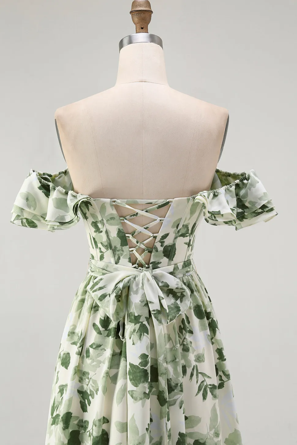 Verde Floral Uma linha fora do ombro babado vestido de dama de honra