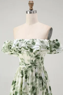 Verde Floral Uma linha fora do ombro babado vestido de dama de honra