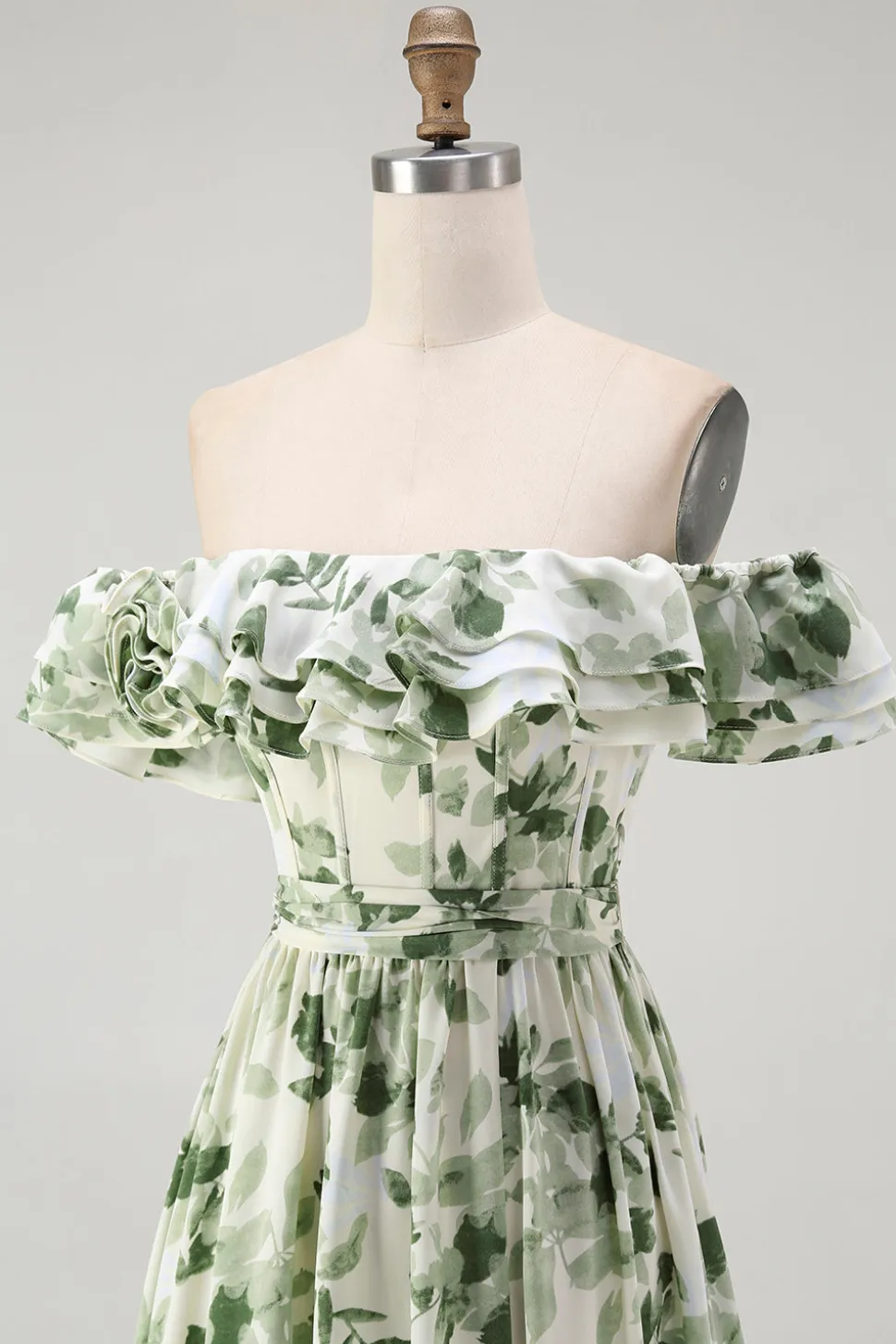 Verde Floral Uma linha fora do ombro babado vestido de dama de honra
