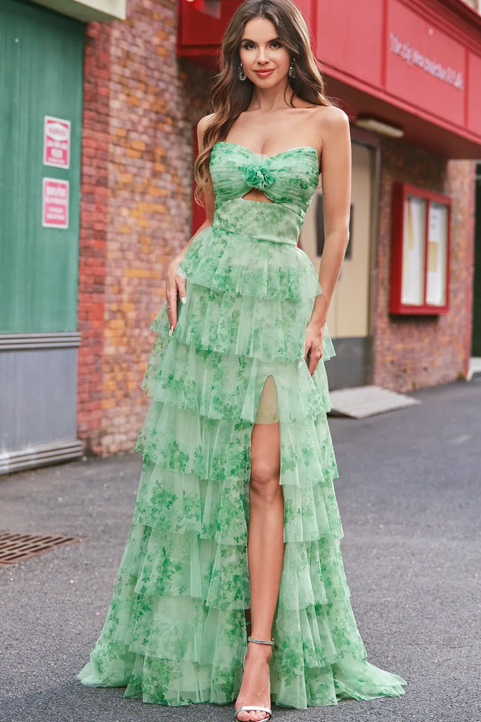 Verde Floral Uma Linha Strapless Ruffles Long Prom Dress com Fenda