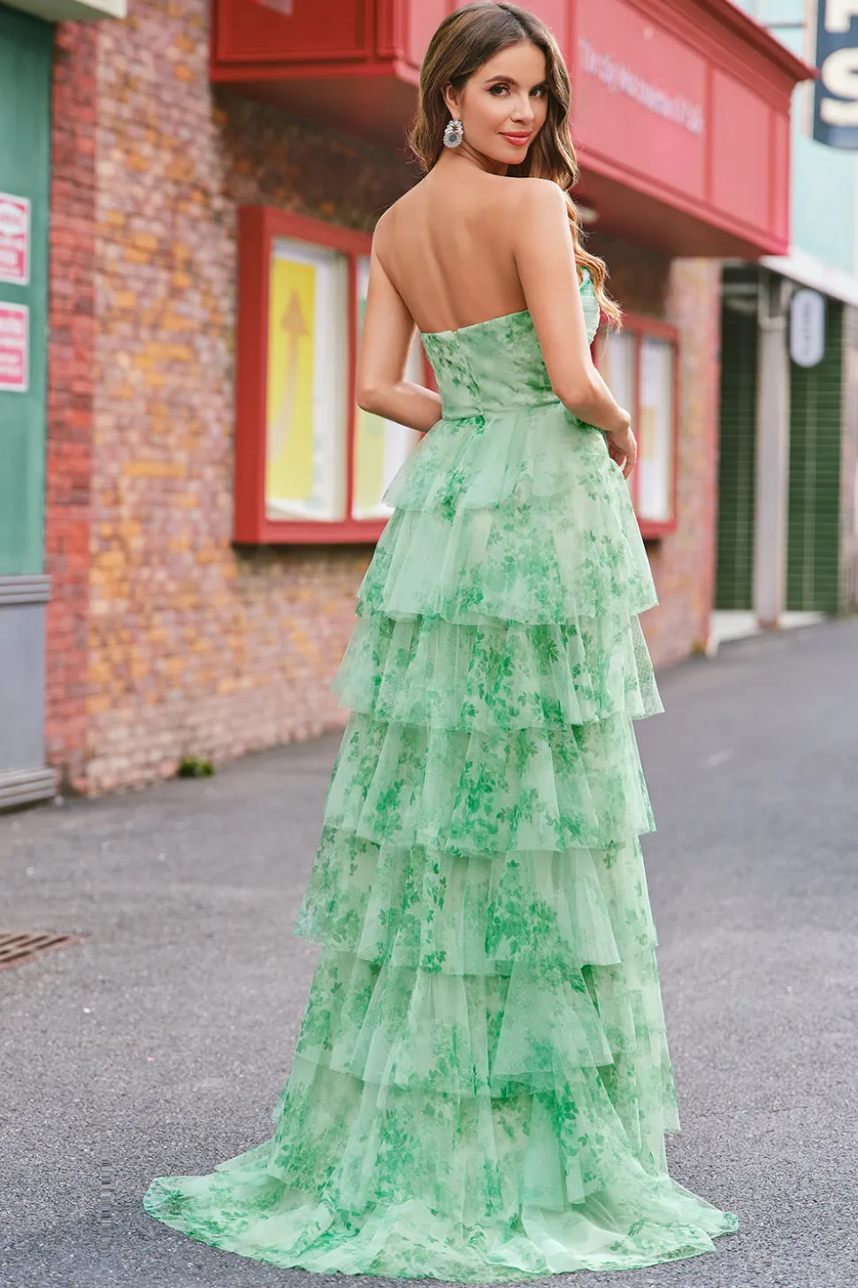 Verde Floral Uma Linha Strapless Ruffles Long Prom Dress com Fenda