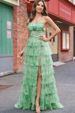 Verde Floral Uma Linha Strapless Ruffles Long Prom Dress com Fenda