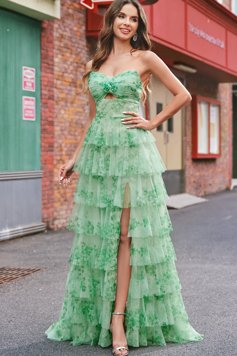 Verde Floral Uma Linha Strapless Ruffles Long Prom Dress com Fenda