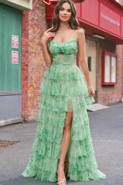 Verde Floral Uma Linha Strapless Ruffles Long Prom Dress com Fenda