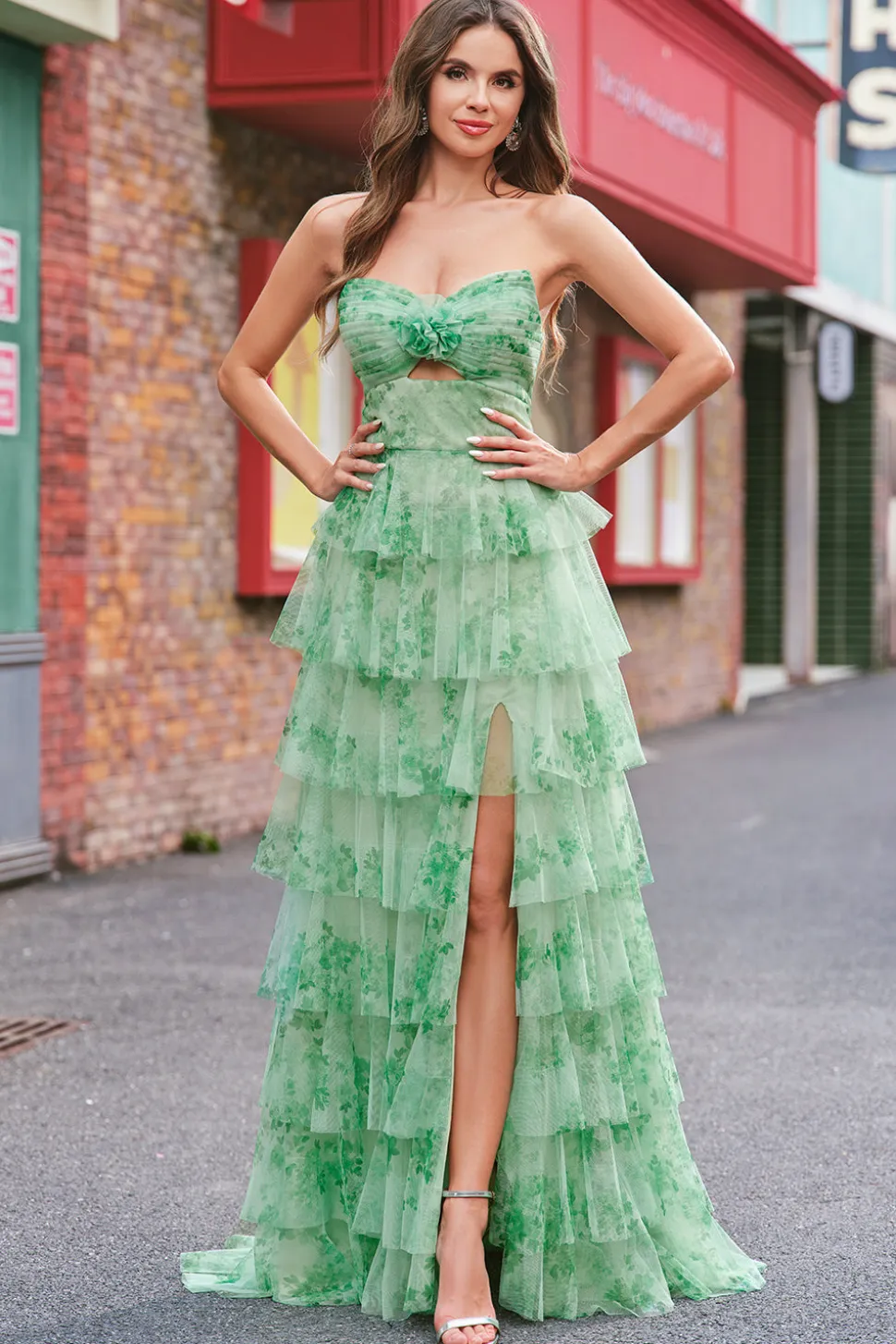 Verde Floral Uma Linha Strapless Ruffles Long Prom Dress com Fenda