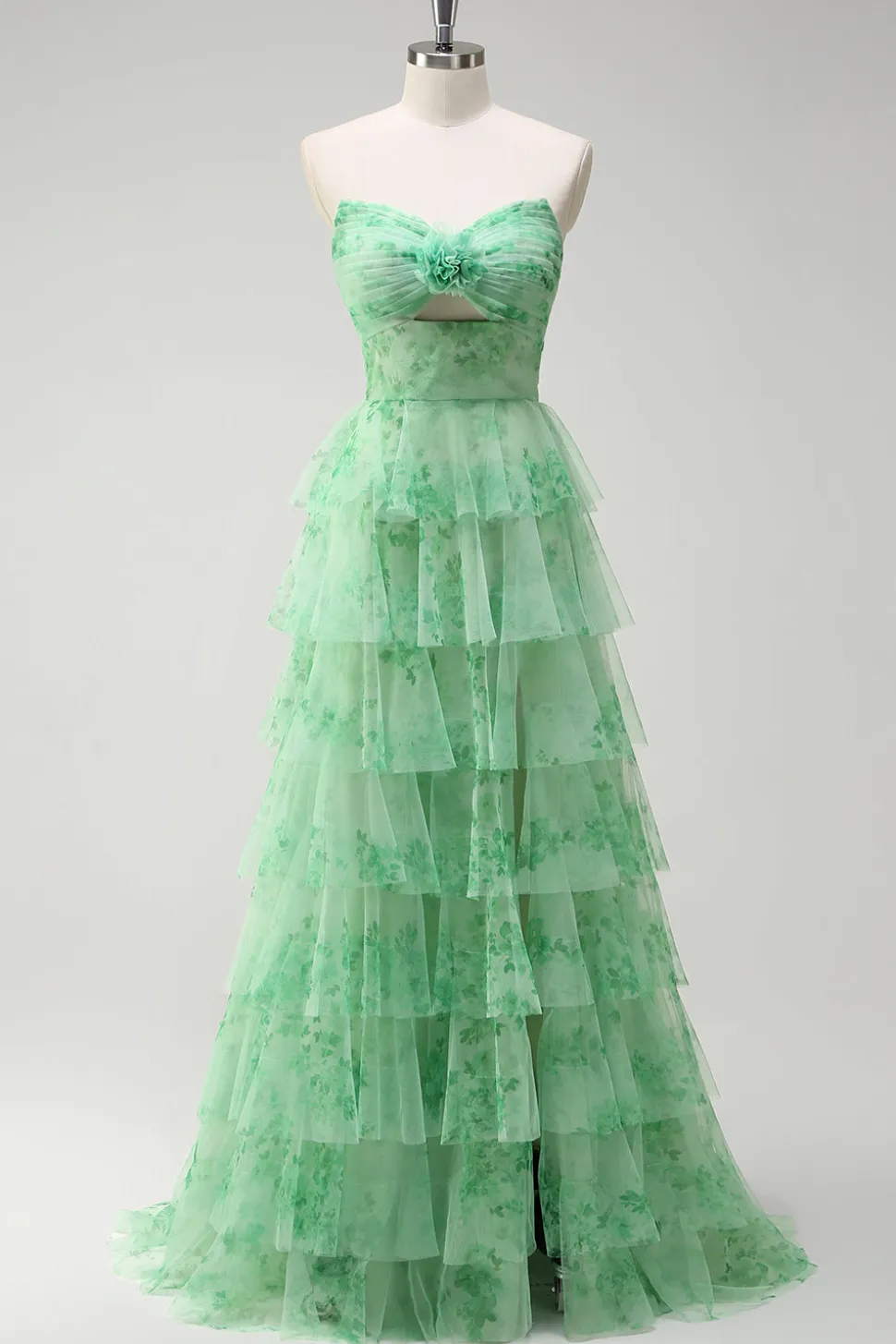 Verde Floral Uma Linha Strapless Ruffles Long Prom Dress com Fenda