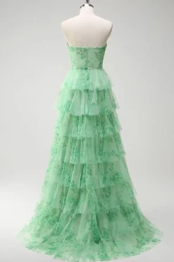 Verde Floral Uma Linha Strapless Ruffles Long Prom Dress com Fenda