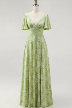 Verde Floral Uma Linha Vestido Dama de Honra Manga Curta