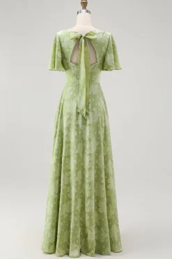 Verde Floral Uma Linha Vestido Dama de Honra Manga Curta