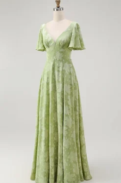 Verde Floral Uma Linha Vestido Dama de Honra Manga Curta