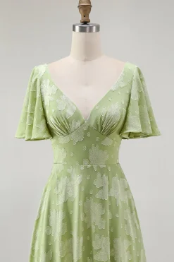 Verde Floral Uma Linha Vestido Dama de Honra Manga Curta