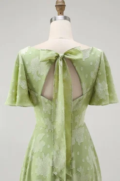Verde Floral Uma Linha Vestido Dama de Honra Manga Curta