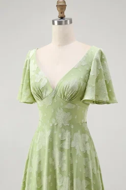 Verde Floral Uma Linha Vestido Dama de Honra Manga Curta