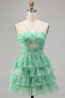 Verde Flores Plissado Linha-A Mini Vestido Cocktail