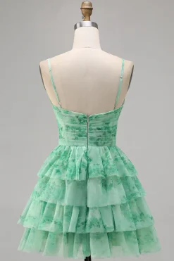 Verde Flores Plissado Linha-A Mini Vestido Cocktail