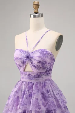 Verde Flores Plissado Linha-A Mini Vestido Cocktail