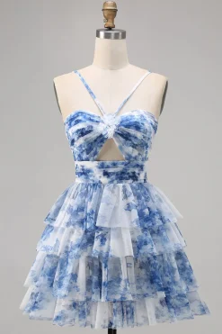 Verde Flores Plissado Linha-A Mini Vestido Cocktail