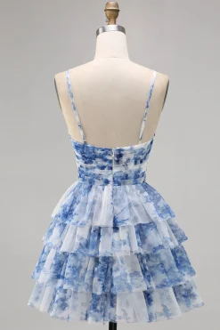 Verde Flores Plissado Linha-A Mini Vestido Cocktail