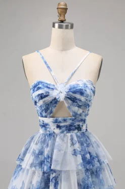 Verde Flores Plissado Linha-A Mini Vestido Cocktail