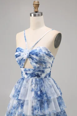 Verde Flores Plissado Linha-A Mini Vestido Cocktail