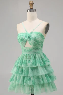 Verde Flores Plissado Linha-A Mini Vestido Cocktail