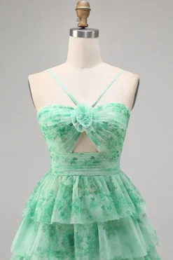 Verde Flores Plissado Linha-A Mini Vestido Cocktail