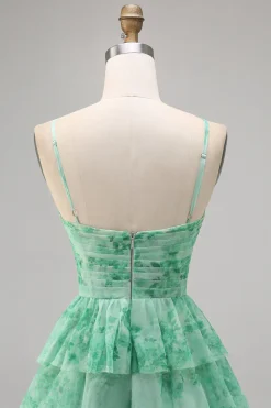 Verde Flores Plissado Linha-A Mini Vestido Cocktail
