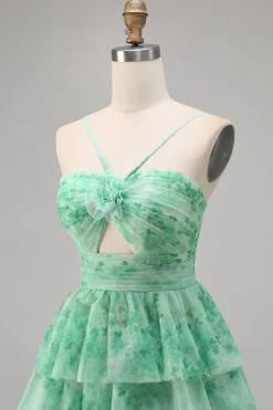 Verde Flores Plissado Linha-A Mini Vestido Cocktail