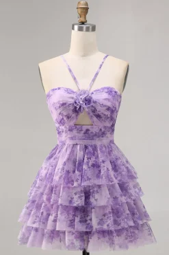 Verde Flores Plissado Linha-A Mini Vestido Cocktail