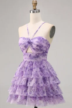 Verde Flores Plissado Linha-A Mini Vestido Cocktail