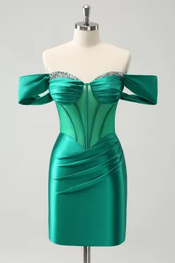 Verde fora do ombro cetim apertado Homecoming vestido com frisos
