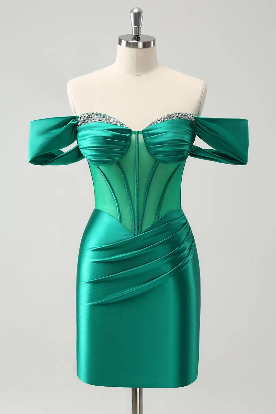 Verde fora do ombro cetim apertado Homecoming vestido com frisos