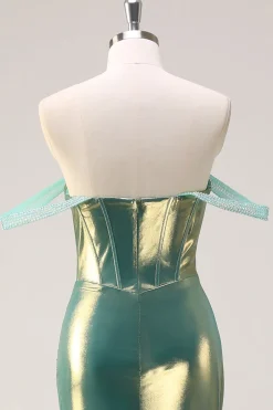 Verde fora do ombro sereia metalizado longo espartilho vestido de baile com fenda