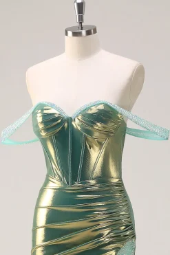 Verde fora do ombro sereia metalizado longo espartilho vestido de baile com fenda