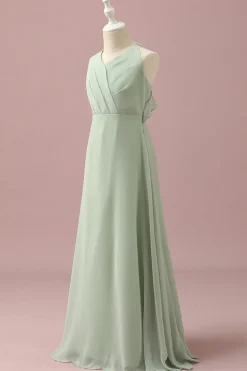 Verde Halter Chiffon A-Line Vestido Dama de Honra Júnior