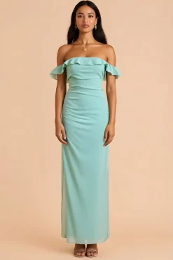 Verde hortelã fora do ombro bainha longo vestido de dama de honra