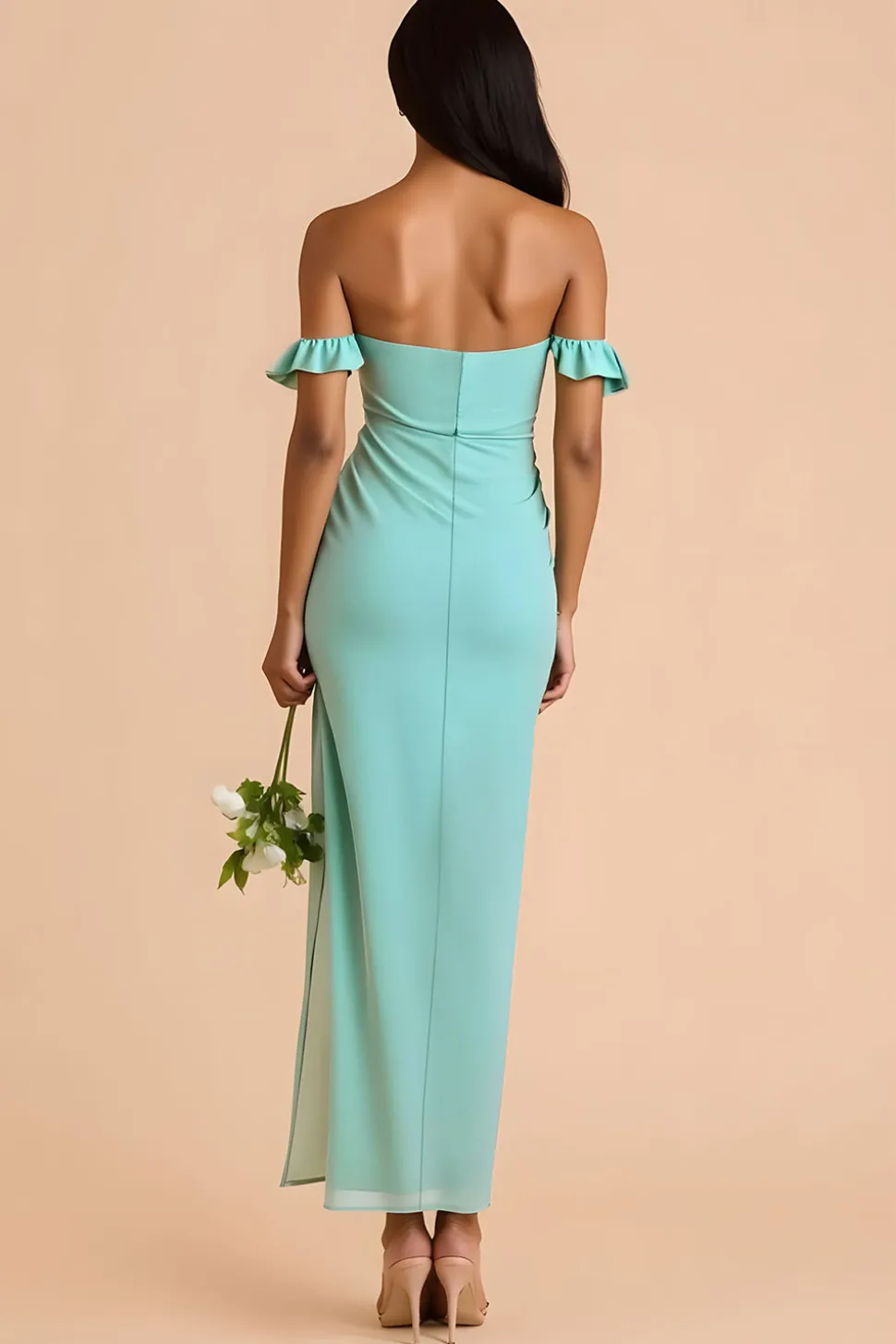 Verde hortelã fora do ombro bainha longo vestido de dama de honra