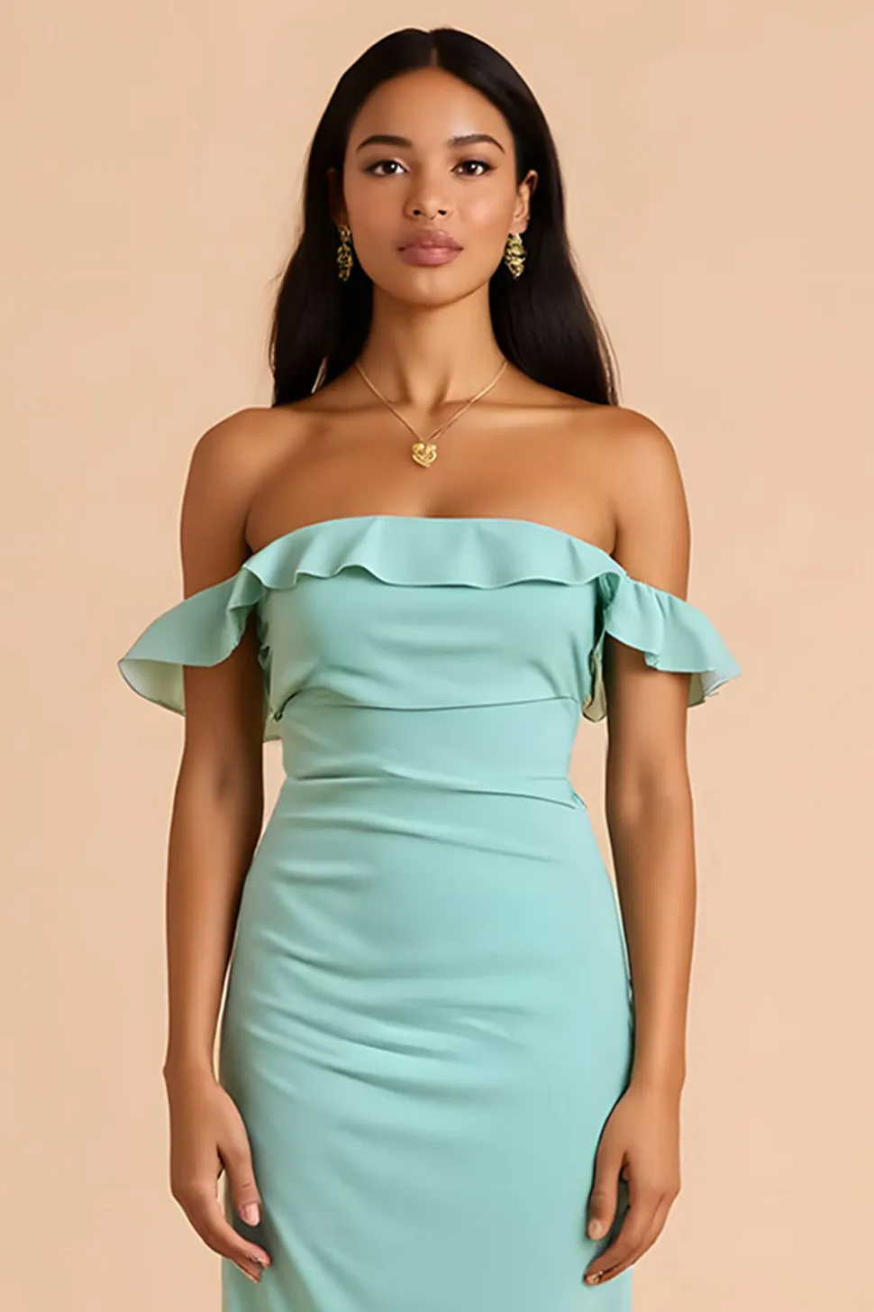 Verde hortelã fora do ombro bainha longo vestido de dama de honra