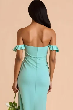 Verde hortelã fora do ombro bainha longo vestido de dama de honra