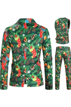Verde impresso 3 peças Notched lapela ternos masculinos de Natal