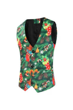 Verde impresso 3 peças Notched lapela ternos masculinos de Natal
