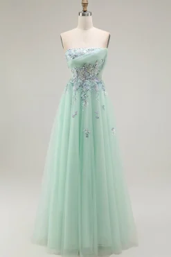Verde Linha-A Direto Tulle Espartilho Longos Vestido De Festa