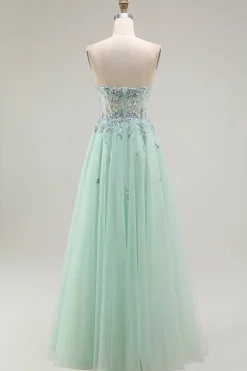 Verde Linha-A Direto Tulle Espartilho Longos Vestido De Festa