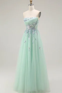 Verde Linha-A Direto Tulle Espartilho Longos Vestido De Festa