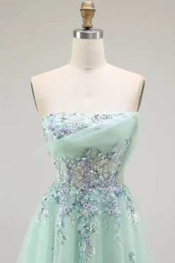 Verde Linha-A Direto Tulle Espartilho Longos Vestido De Festa