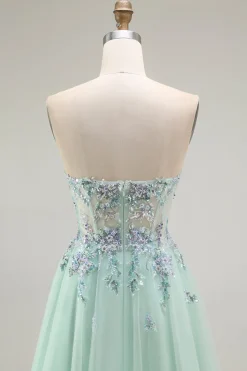 Verde Linha-A Direto Tulle Espartilho Longos Vestido De Festa
