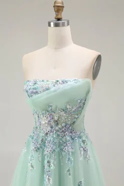Verde Linha-A Direto Tulle Espartilho Longos Vestido De Festa