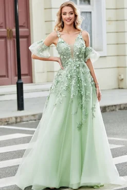 Verde mangas removíveis vestido de baile de tule com apliques